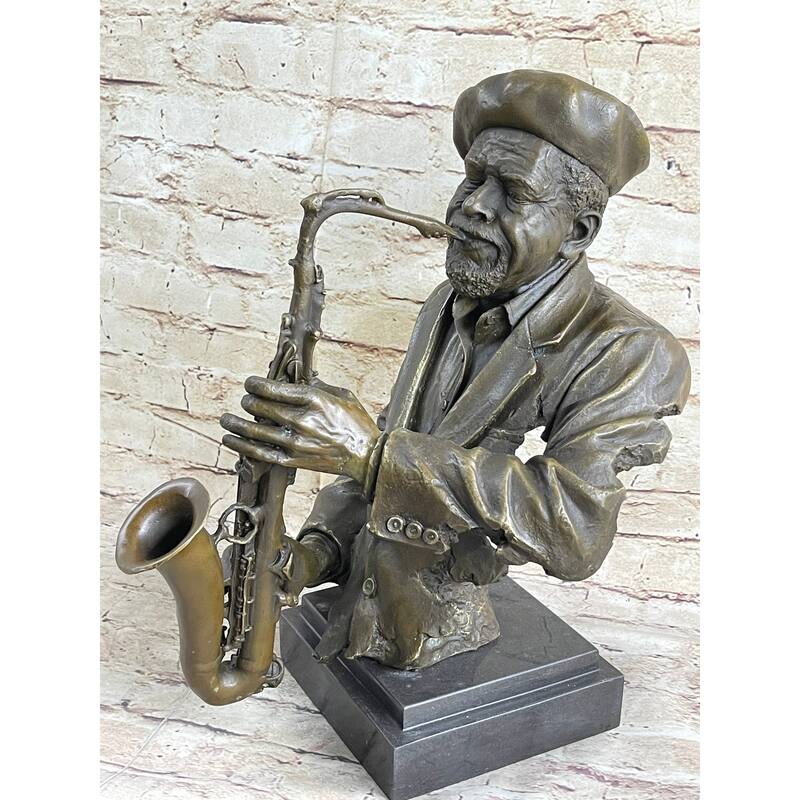 Bronze Sculpture Statue Of African American Black Jazz Saxophone Musician, Signed