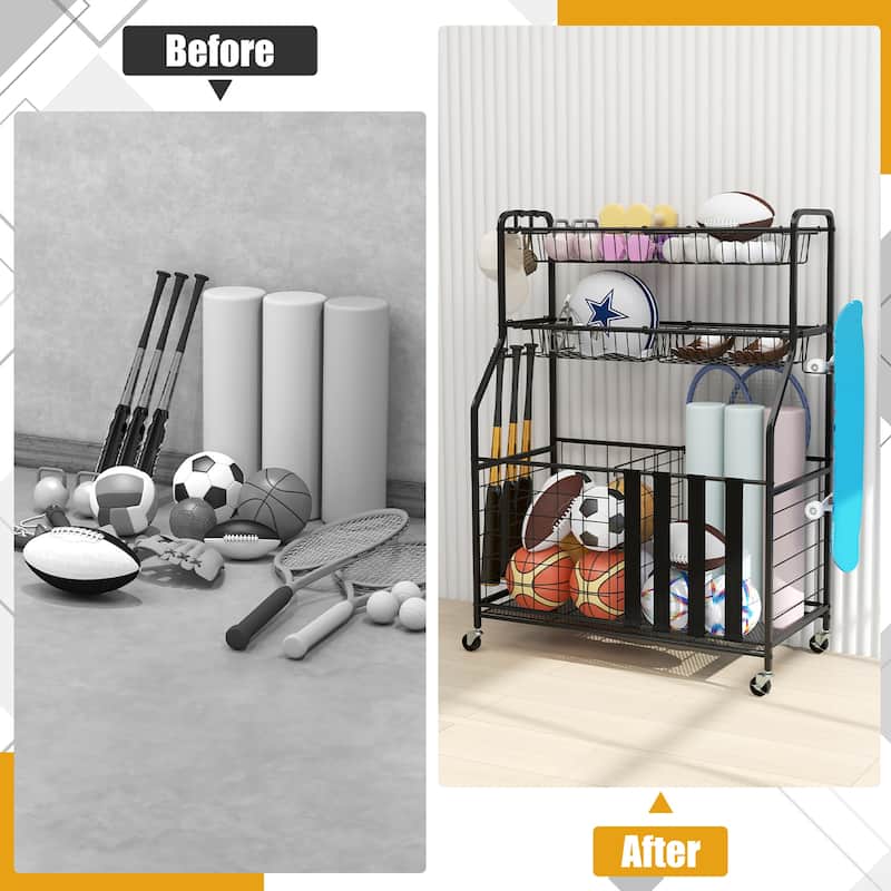 Gymax Garage Sports Equipment Organizer w/ Wheels Hooks & Baskets for