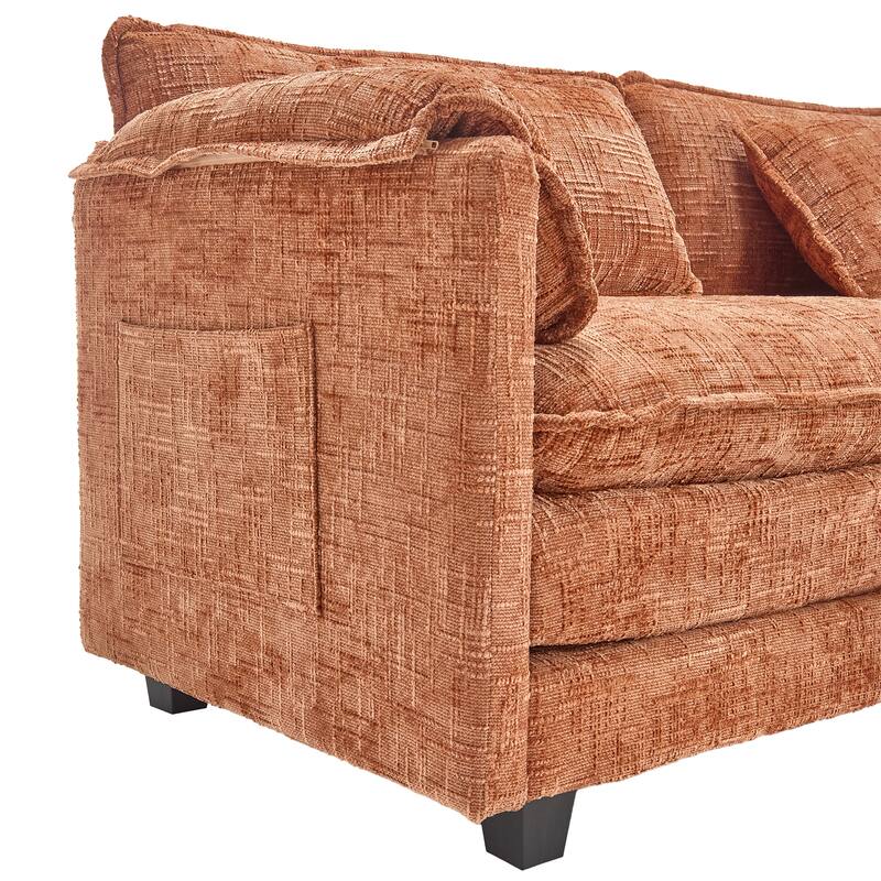 Chenille Fabric Loveseat Sofa Couch with 2 Ottomans and Side Pockets