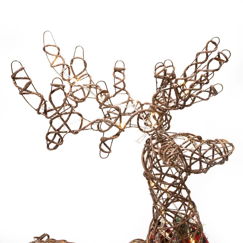 Rattan Standing Reindeer with Bow and LED Lights - Natural