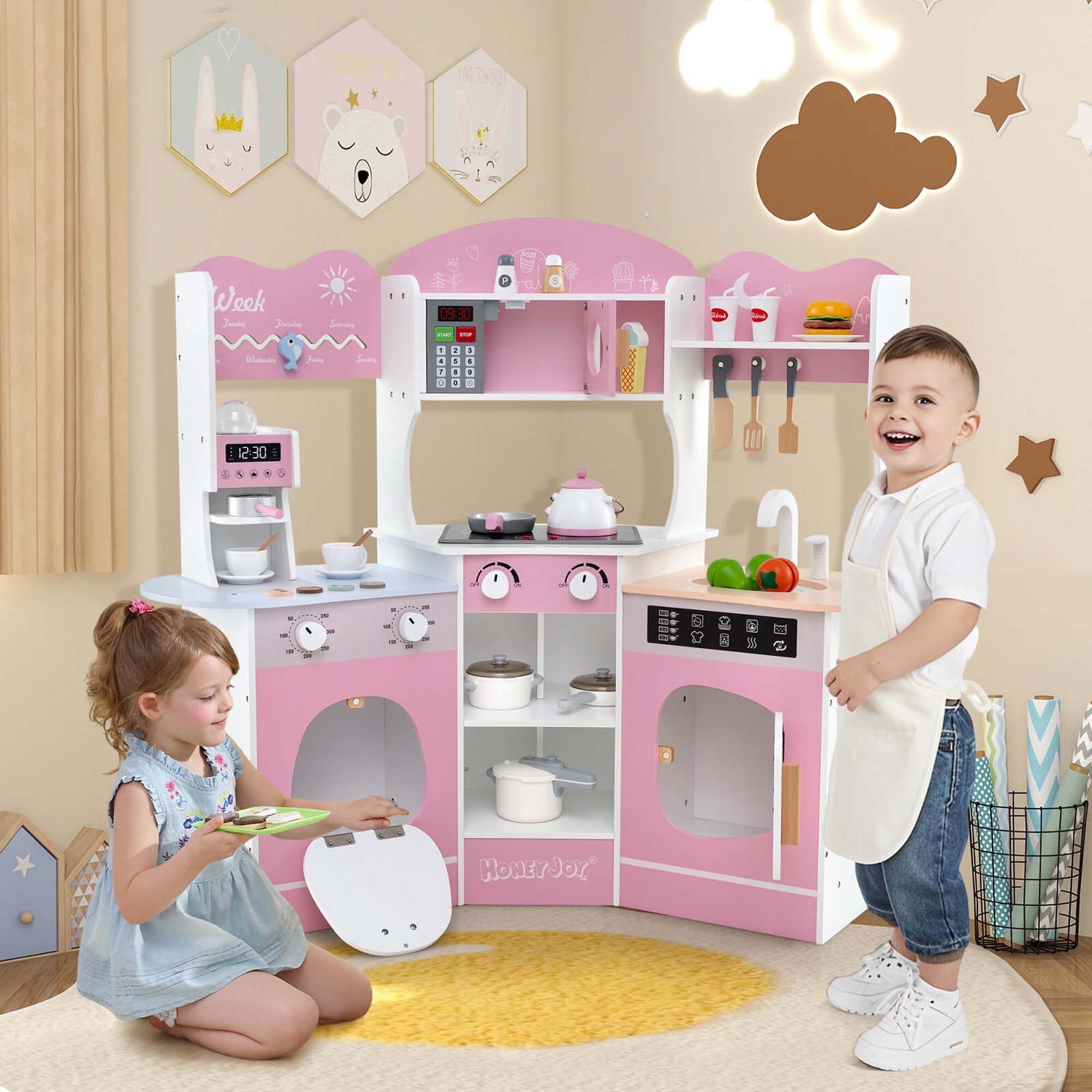 Corner Play Kitchen Wooden Kids Kitchen Playset w/Lights & Sound