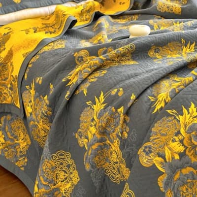 Floral Reverisible Cotton Throw Blanket Yellow & Gray