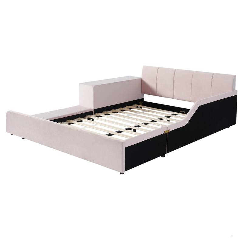 Upholstered Grounded Bed Mother & Child Bed with Bedside Desk and Little Round Stool