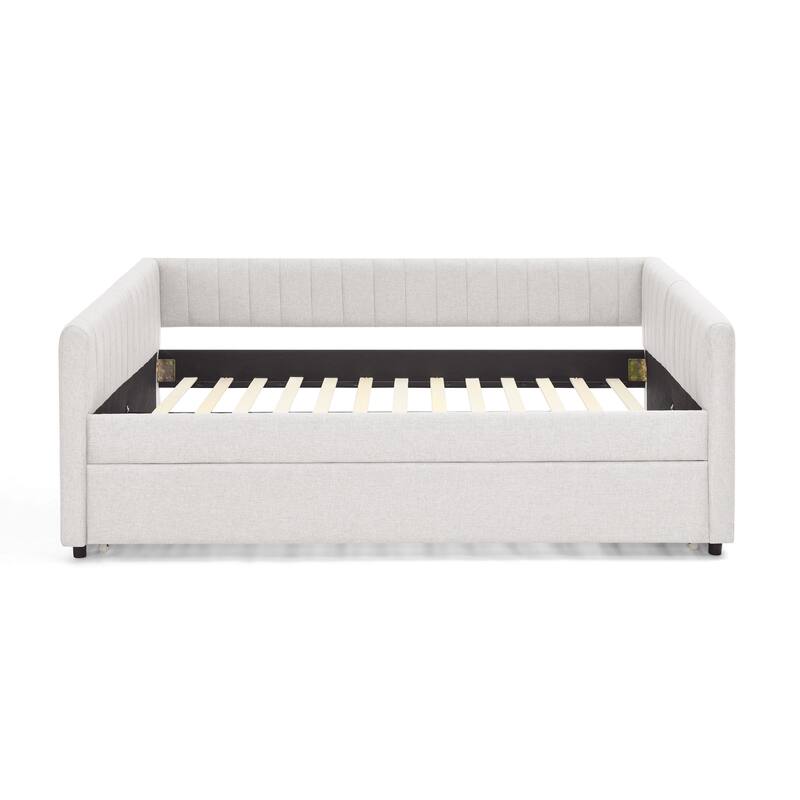 Roomfitters Twin/Full Daybed with Trundle Upholstered Sofa Bed Frame with Vertical Stripes Linen Design, Grey