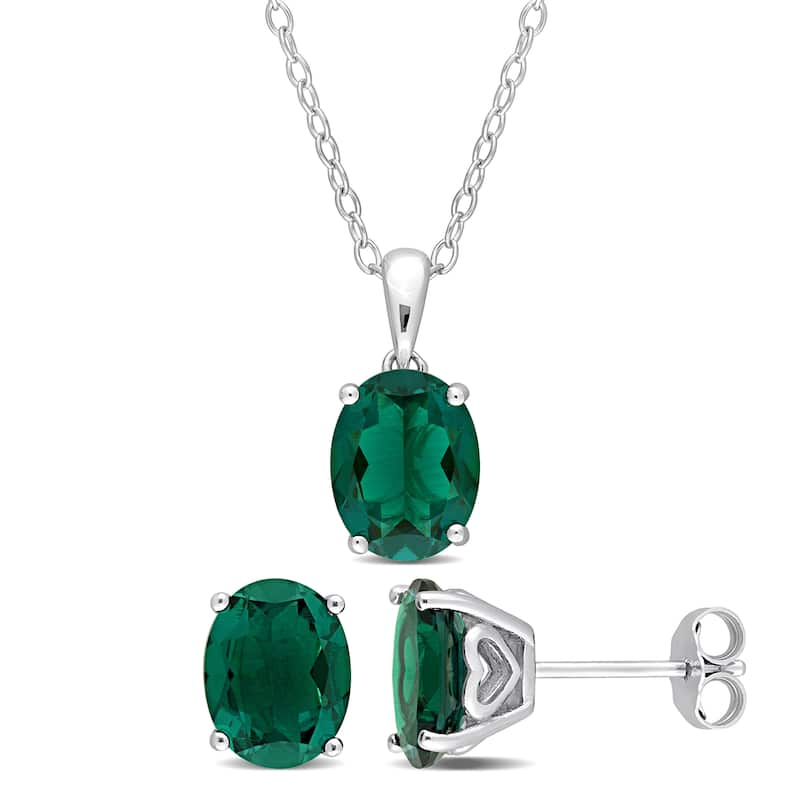 Miadora 4 4/5ct TGW Oval Created Emerald Set of Necklace and Earrings in Sterling Silver