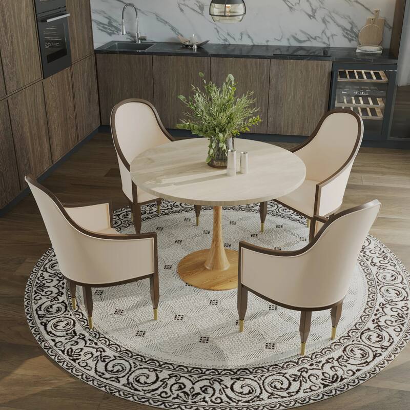 Bristol 35" Round Dining Table with MDF Top and Natural Wood Steel Pedestal Base for Modern Kitchen and Dining Room