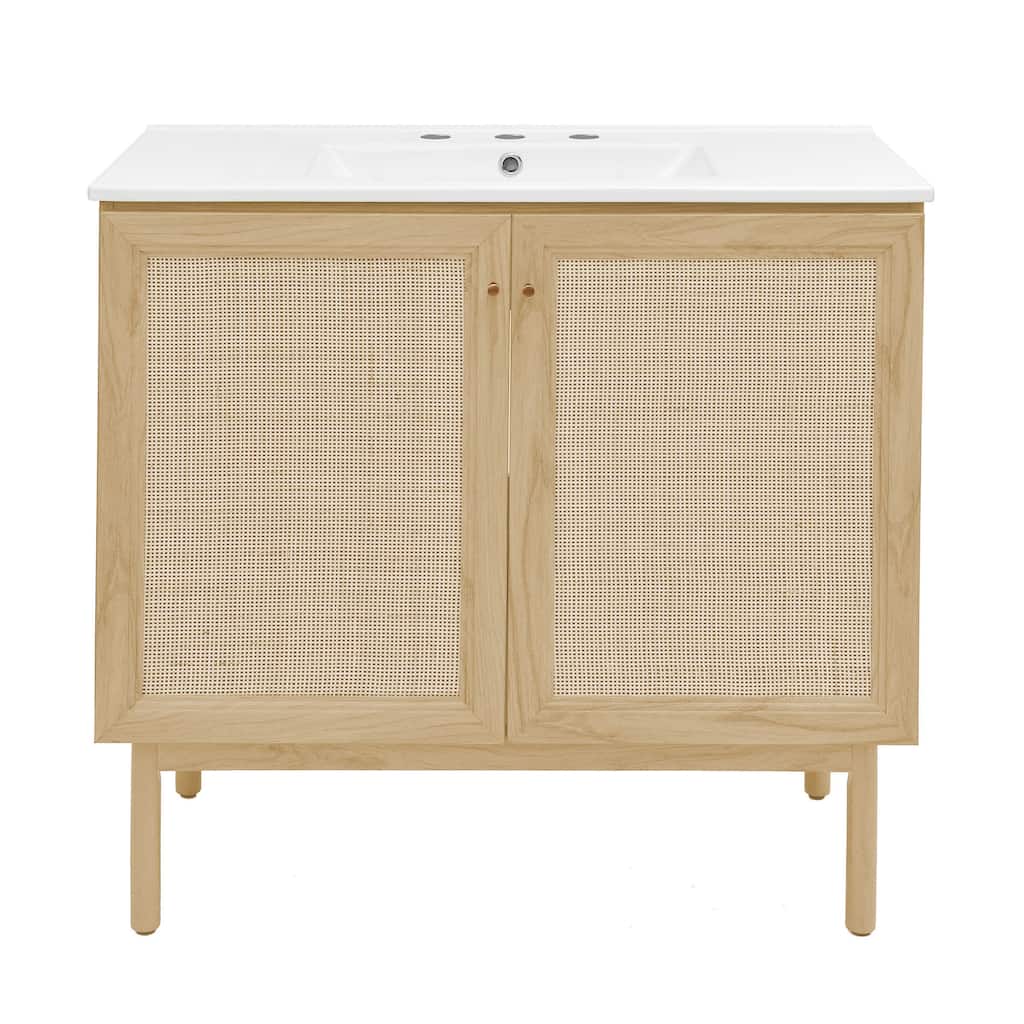 Classe 36 In. Natual Oak Bathroom Vanity With White, 3-Hole Ceramic Sink Top