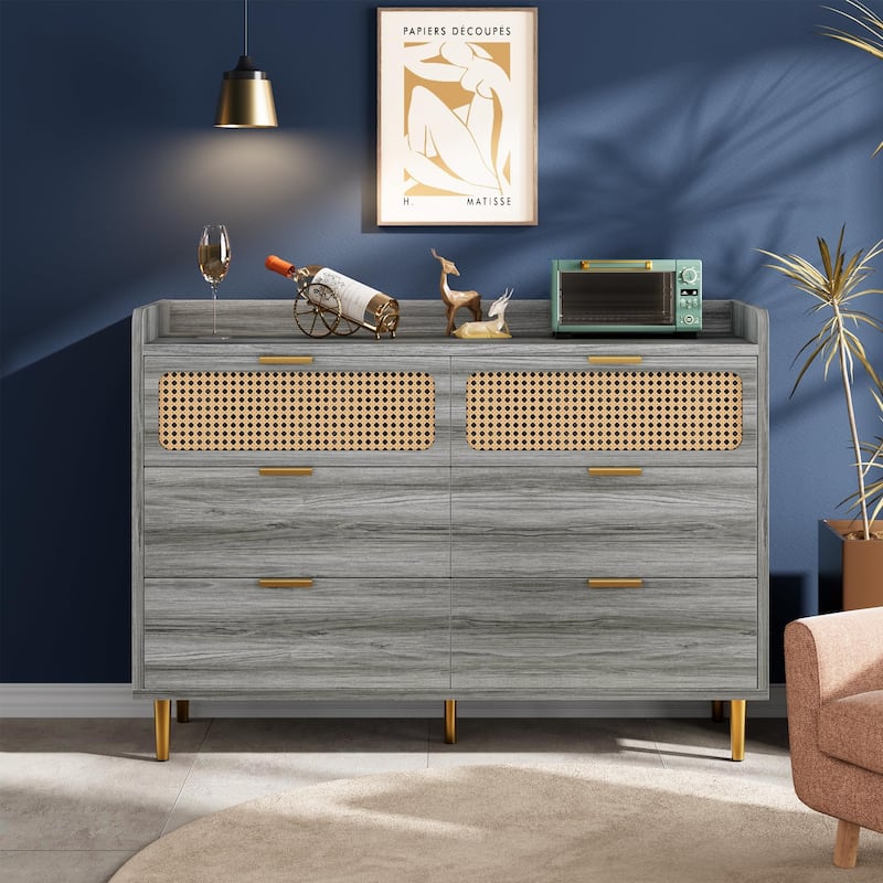 6 Drawer Double Dresser for Bedroom, Modern Chest of Drawers with Rattan Accents & Metal Legs