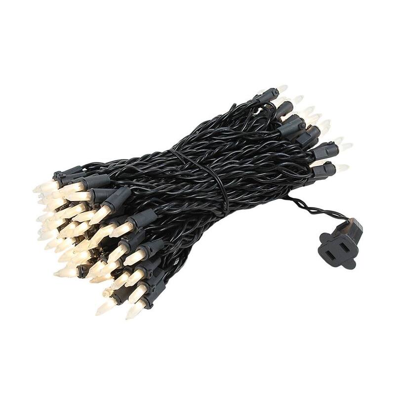 100 Light Christmas Mini Light Set, Black Wire, 50' Long - White