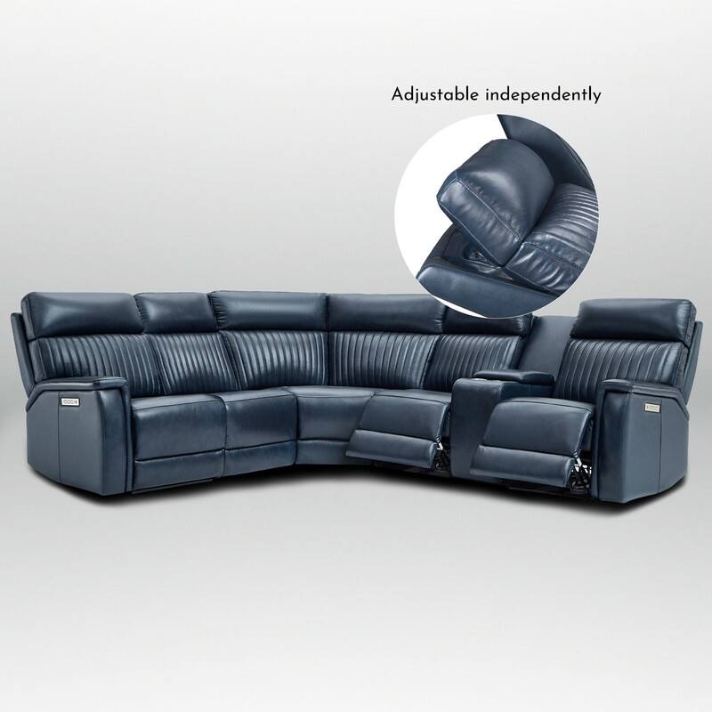 Genuine Leather Power Recliner Sectional Sofa with Console, Ajustable Headrest, USB&USB-C Port, 1 Power Armlesschair