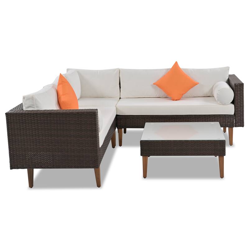 4 Piece Outdoor Furniture Set, All Weather Conversation Set, L-Shape Wicker Sofa Set with Pillows and Coffee Table