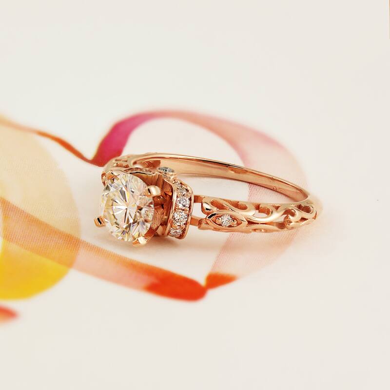 Auriya 14k Gold Vintage 1ct. Moissanite and Diamond Engagement Ring 1/8ctw