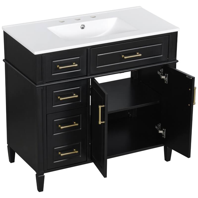 36 Inch Single Sink Bathroom Vanity Cabinet with 4 Drawers, Vanity Base & Ceramic Basin Set