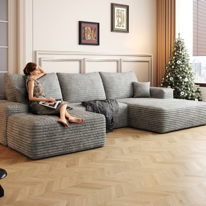 Modern Corduroy Compression Chaise Couch, U-shaped Sectional Sofa with Ottoman and Pillows Backrest for Living Room