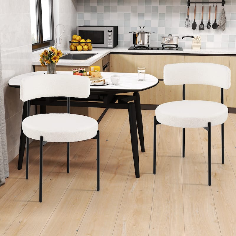 Boucle Dining Chair with Curved Backrest and Metal Legs Set of 2-White - Multi
