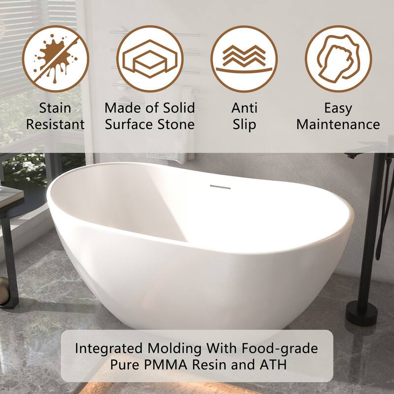 CASAINC Matte White Soaking Bathtub Solid Surface Stone Bathtub with Center Drain