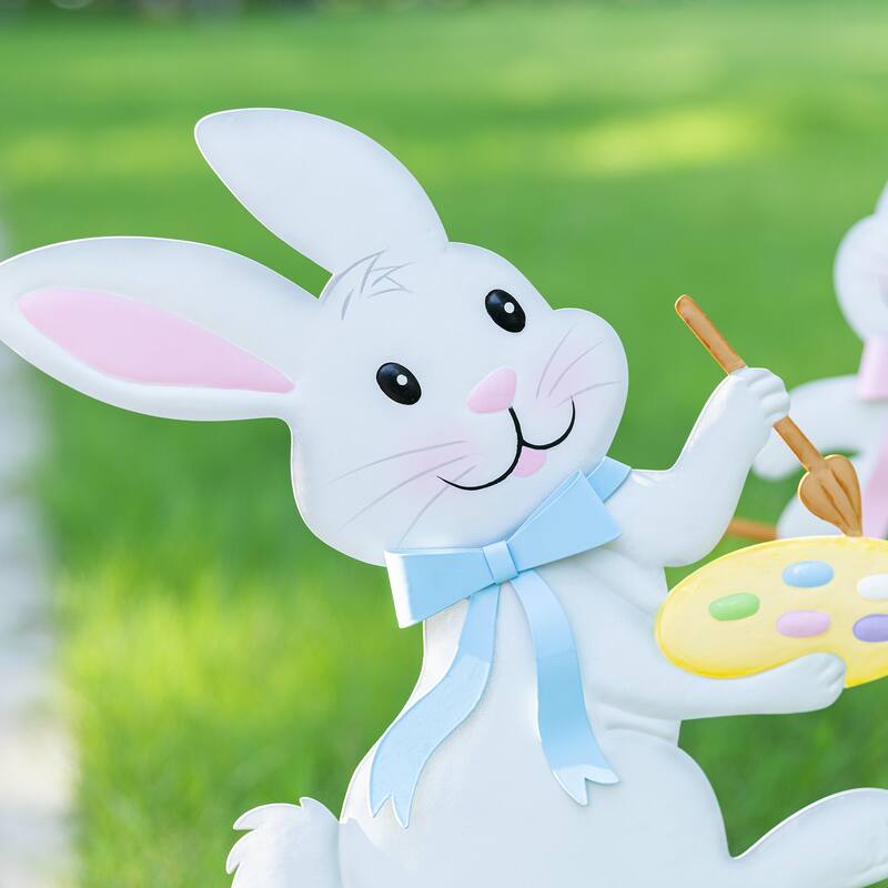 Glitzhome Set of 2 Easter Metal Bunny Painter Yard Stake