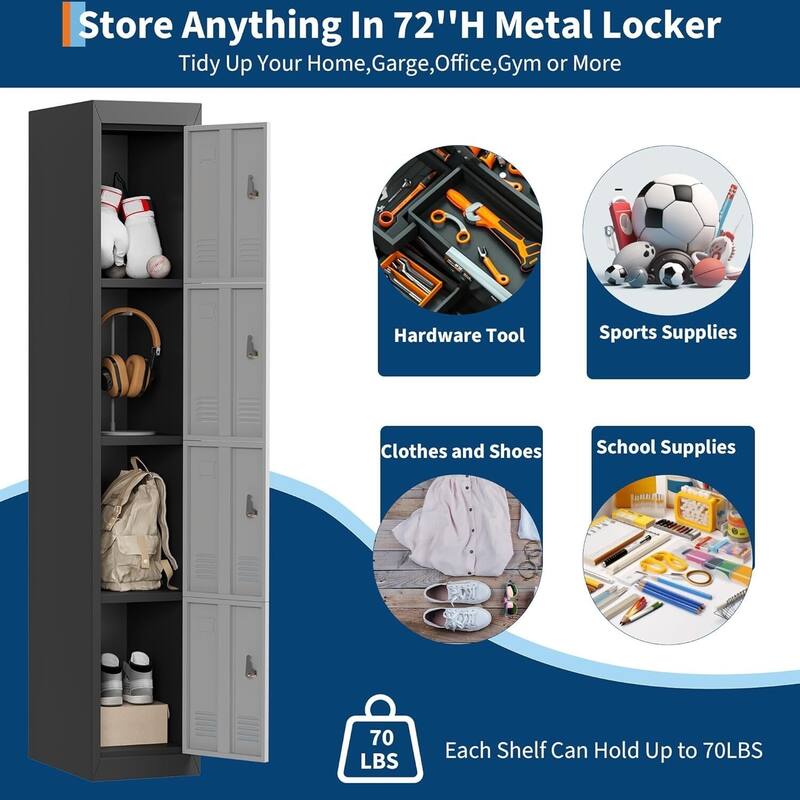71" Tall Slim 4-Door Metal Locker Storage Cabinet for Office, School - N/A