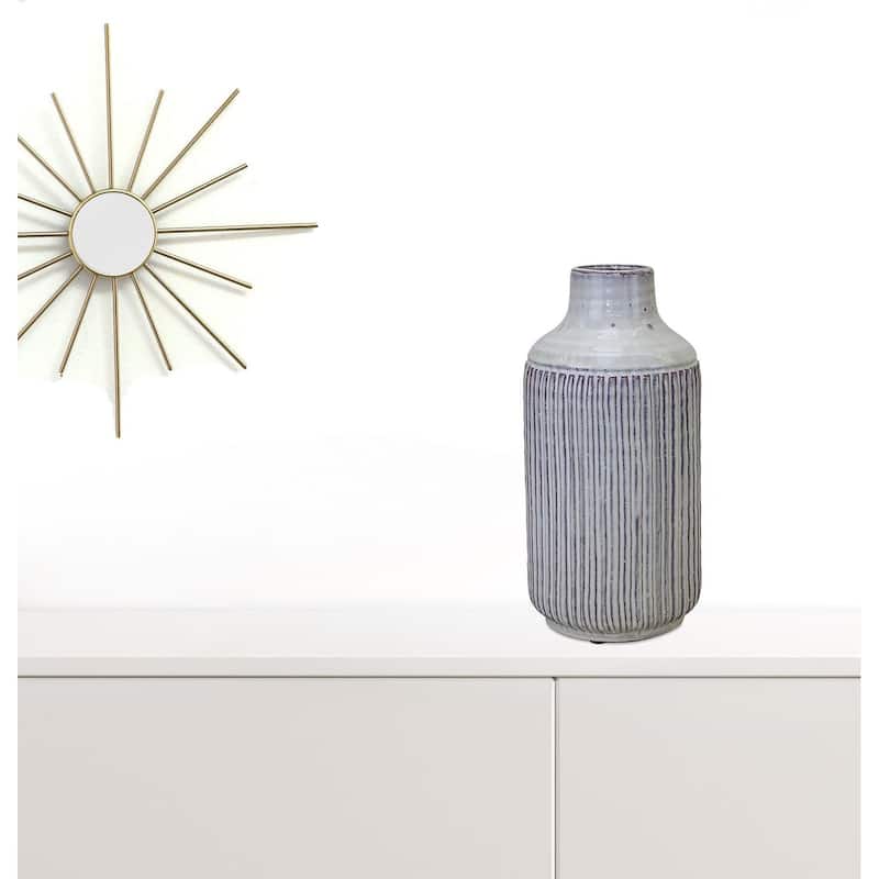 HomeRoots 12" Gray And Brown Ribbed Terracotta Cylinder Table Vase - 6