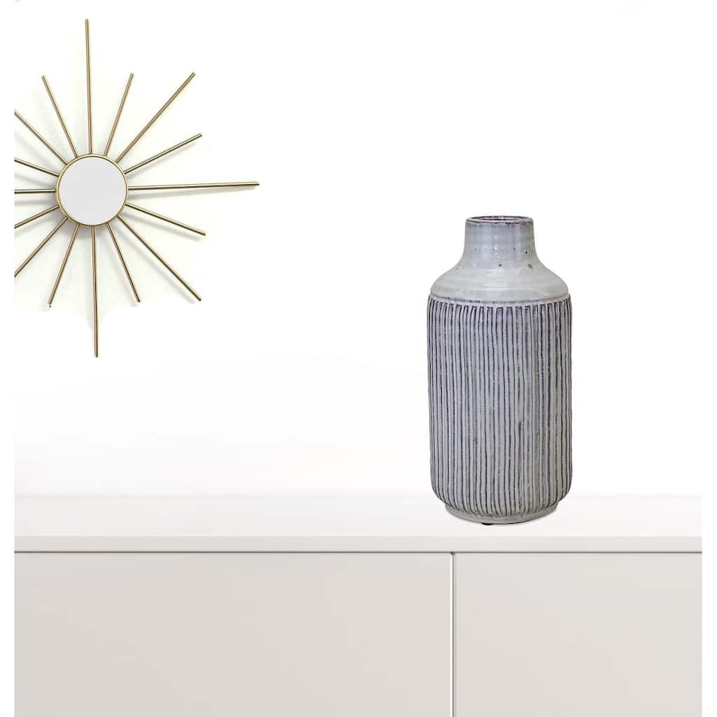 HomeRoots 12" Gray And Brown Ribbed Terracotta Cylinder Table Vase - 6