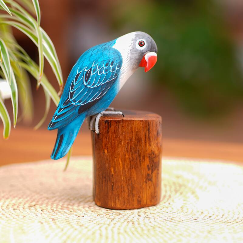 Novica Handmade Blue Lovebird Wood Sculpture