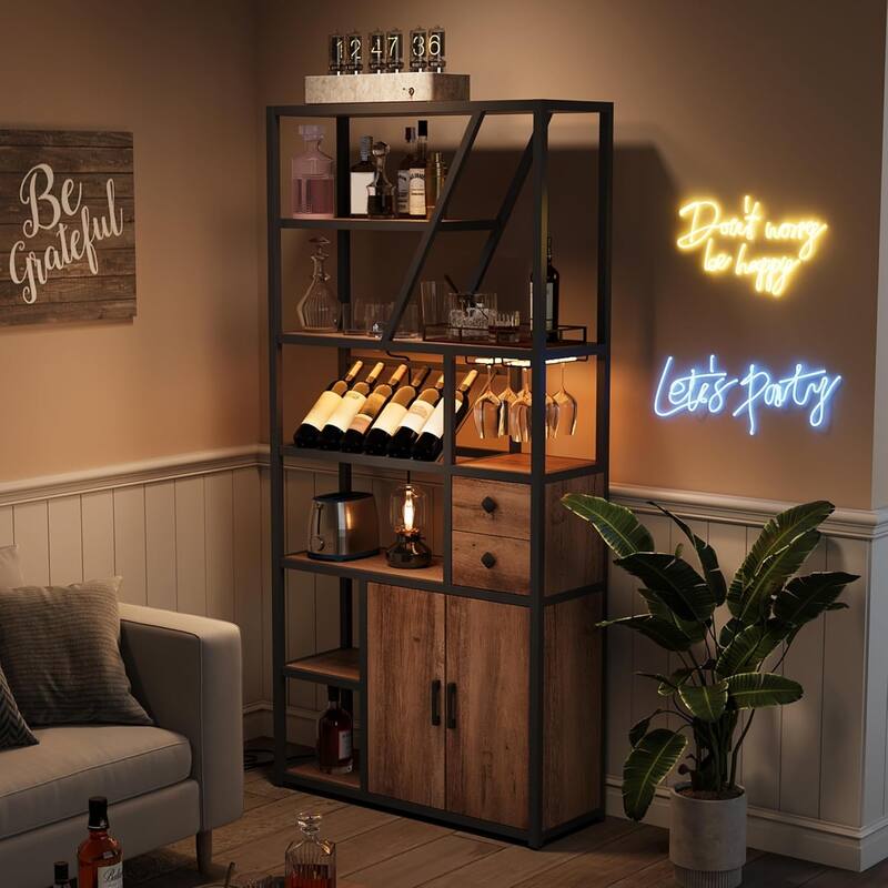 Farmhouse Bar Cabinet with Wine Rack,Bakers Rack with Power Outlet and LED Light