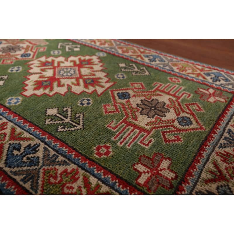 Green Geometric Kazak Oriental Accent Rug Handmade Wool Carpet - 1'10"x 2'10"