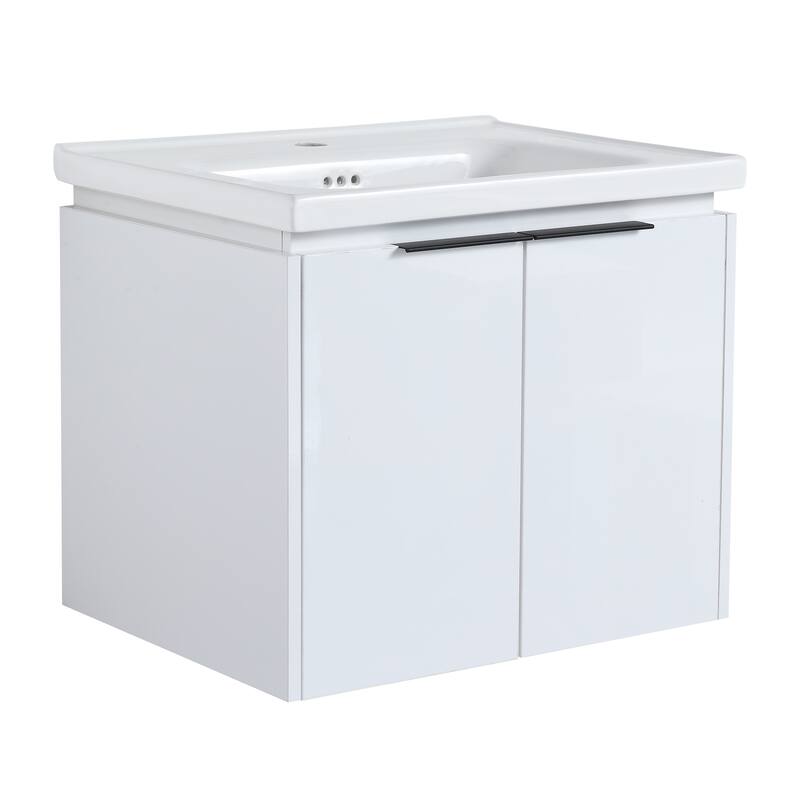 Wall Mounted Bathroom Vanity with Ceramic Basin, Soft Closing Doors, and Metal Handles for Modern Bathroom Storage