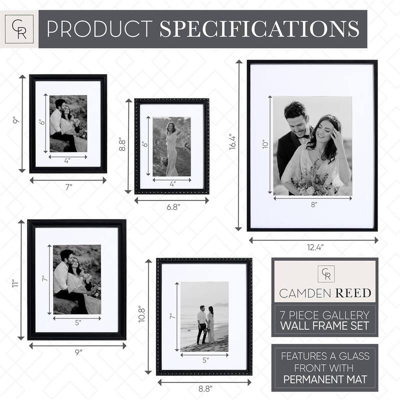 Camden Reed 7 Piece Gallery Wall Frame Set, (1) 12x16 Inch, (2) 8x10 Inch, and (4) 6x8 Inch, Black/Gold