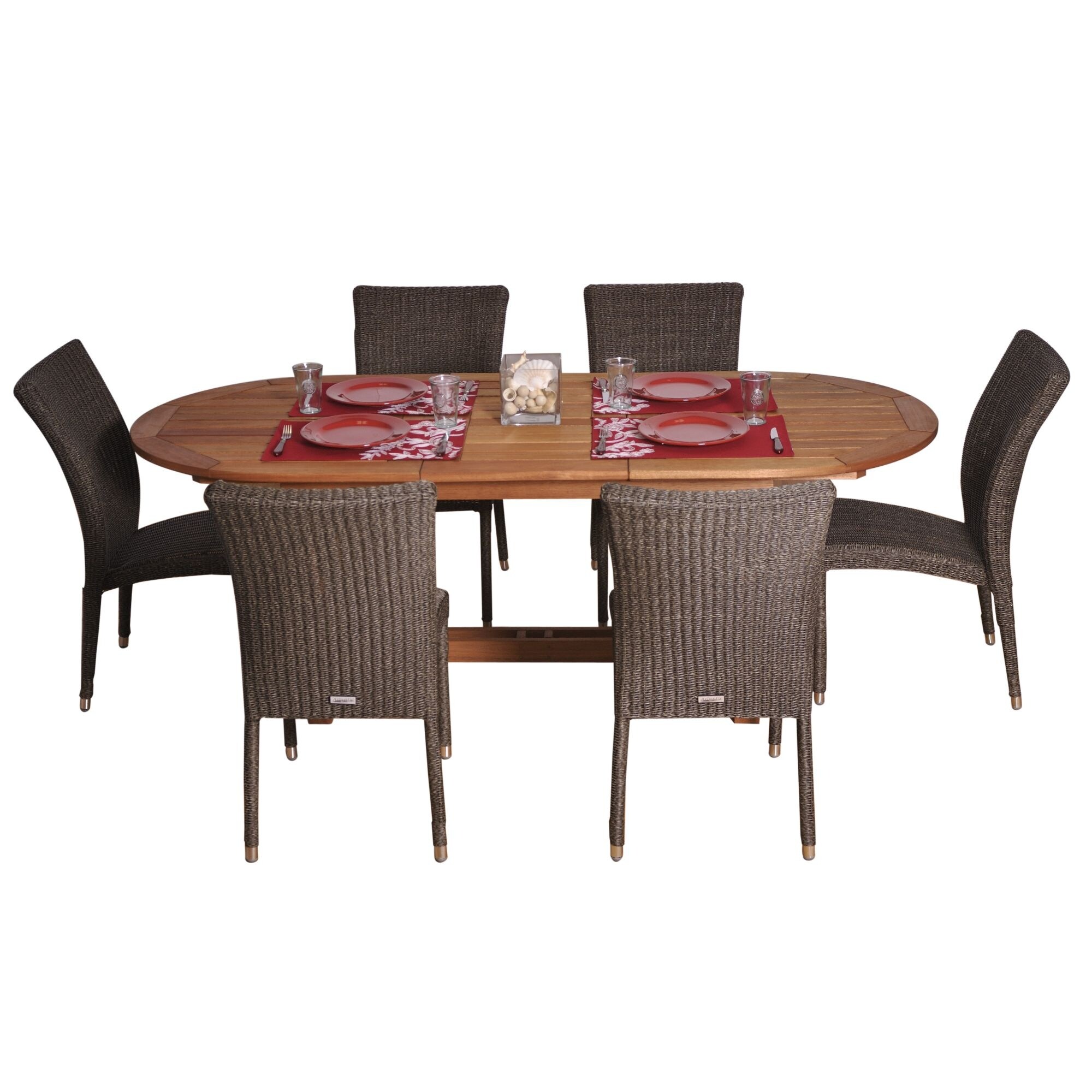 Outdoor Living and Style 7-Piece Brown Lemans Eucalyptus Wicker Extendable Oval Patio Dining Set 63"