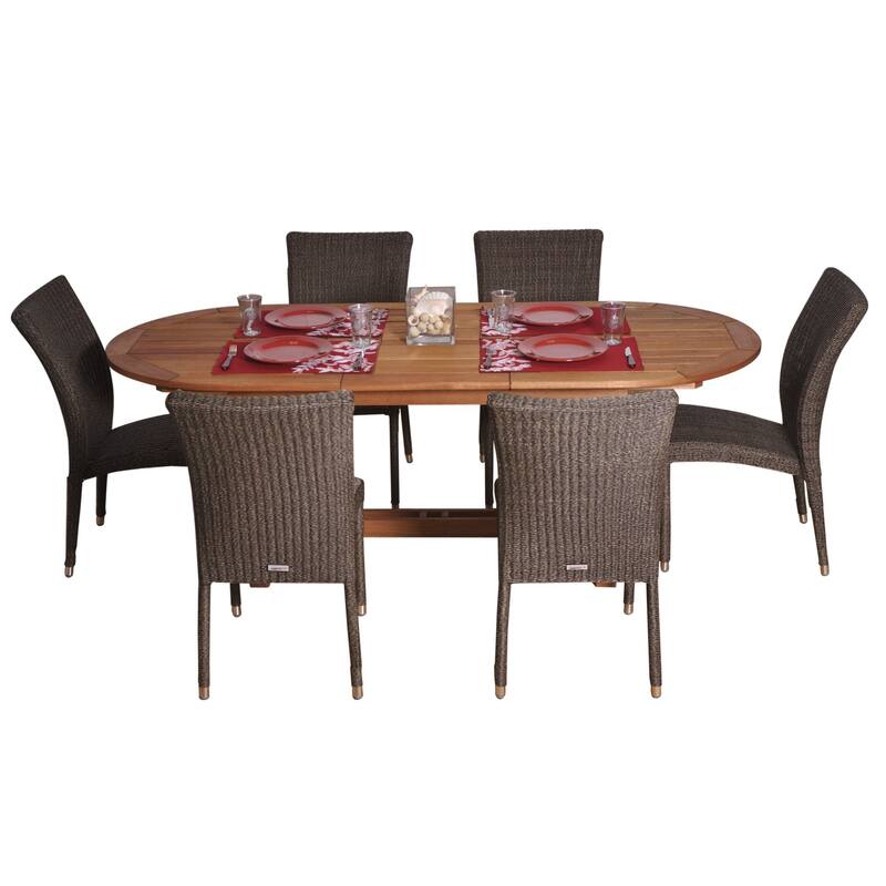 7-Piece Brown Lemans Eucalyptus Wicker Extendable Oval Patio Dining Set 63"