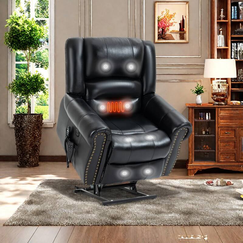 Genuine Leather Power Lift Recliner Chair with Massage and Lumbar Heat, USB Ports - Black
