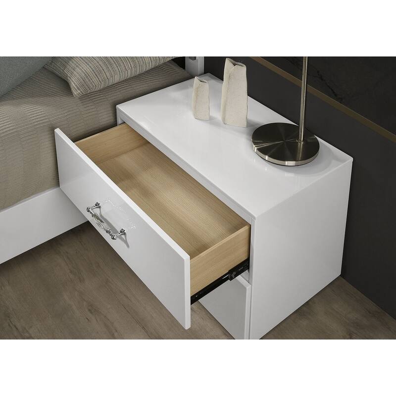 Modern White Finish High-Gloss Bedroom Furniture Set LED Headboard Bed Dresser Mirror Nightstand