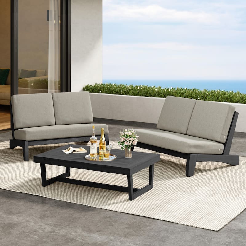 Outdoor 3-Piece Armless Lovesaet Sofa Conversation Set with Table - Whole Cushion - Light Camel/Black