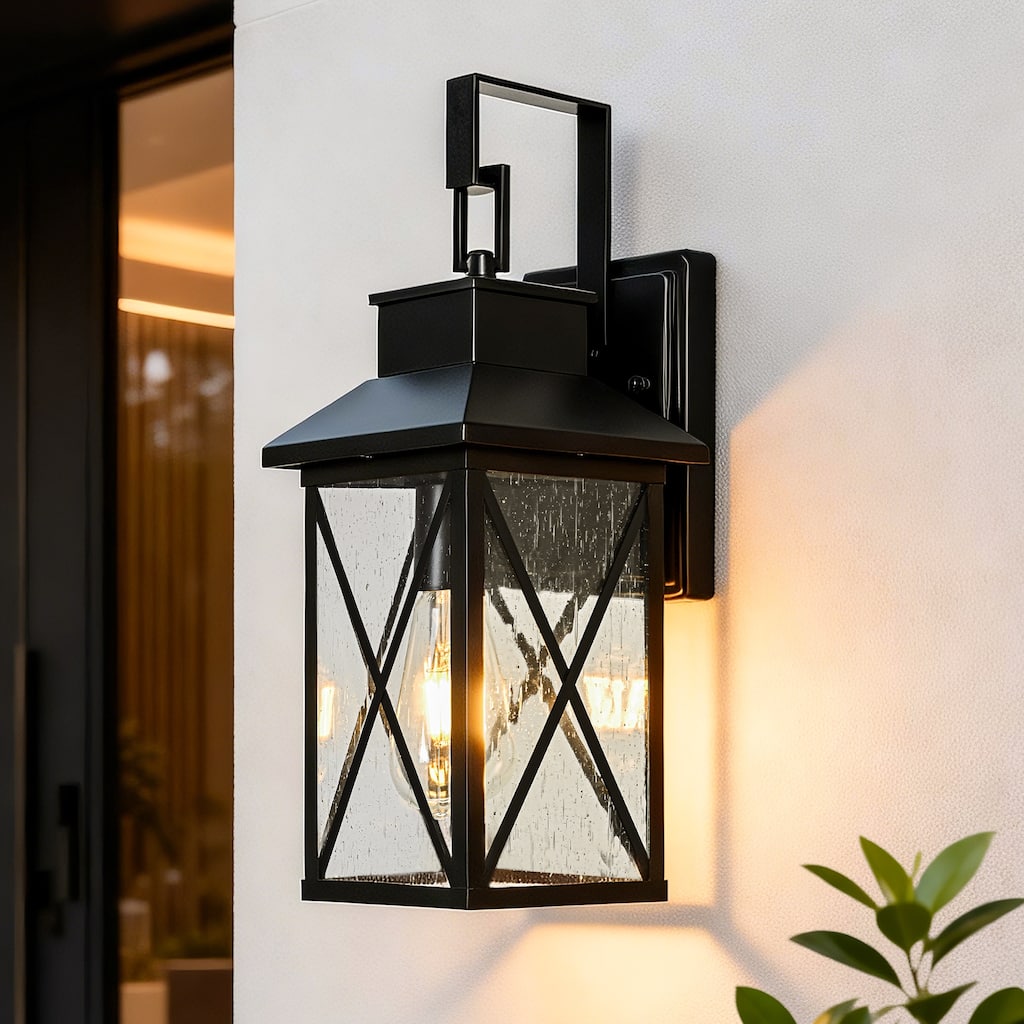 15 in. 1-Light Matte Black Outdoor Wall Sconce with Clear Seeded Glass - E26, Wet Rated, Modern Style