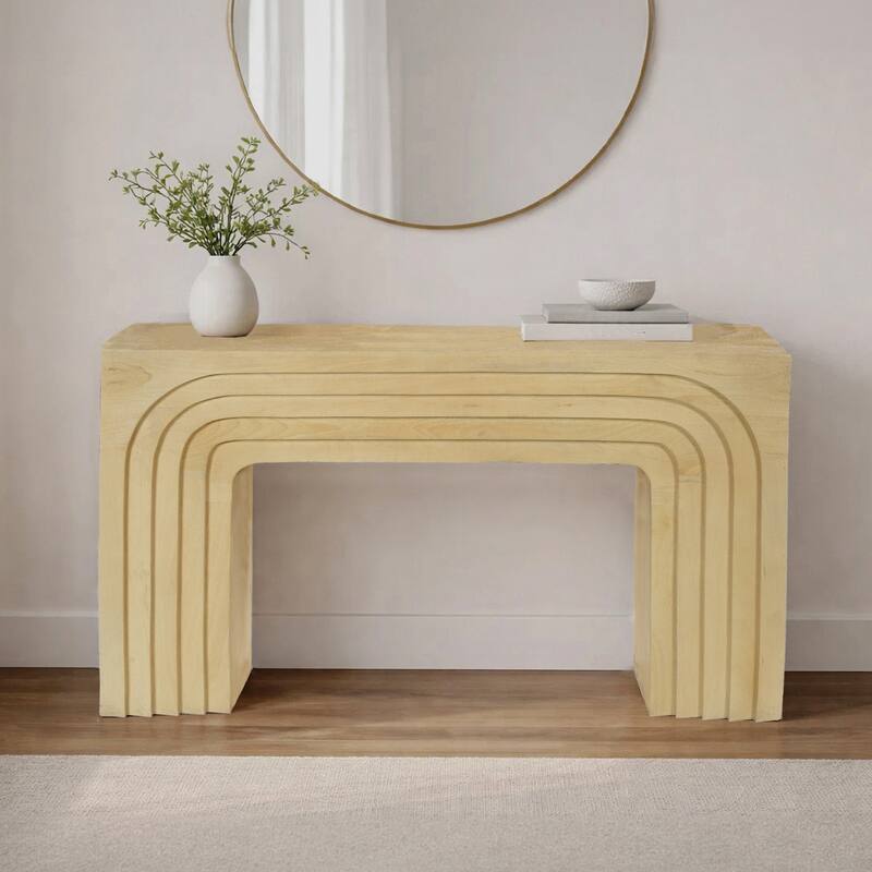 Kesna Console Sofa Table, 53 Inch Sculpted Arch, Light Beige Mango Wood