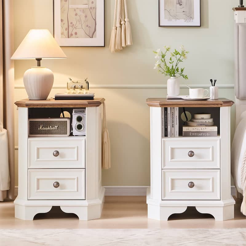 Farmhouse Nightstand Set of 2 with Charging Station, Beside Table - White