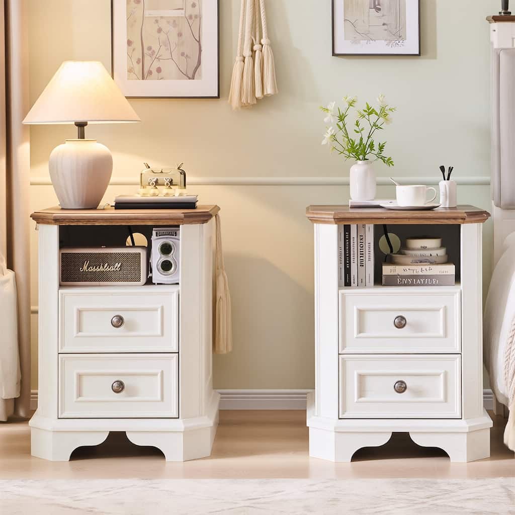 Farmhouse Nightstand Set of 2 with Charging Station, Beside Table