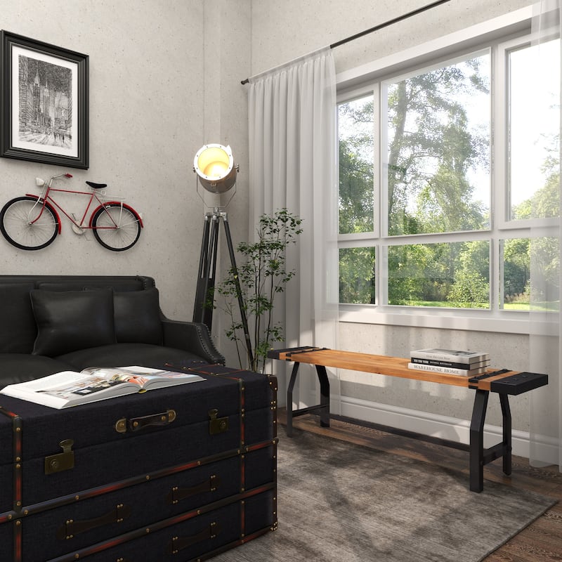 Brown Wood Bench with Black Metal Base and Studs - 55 x 13 x 18