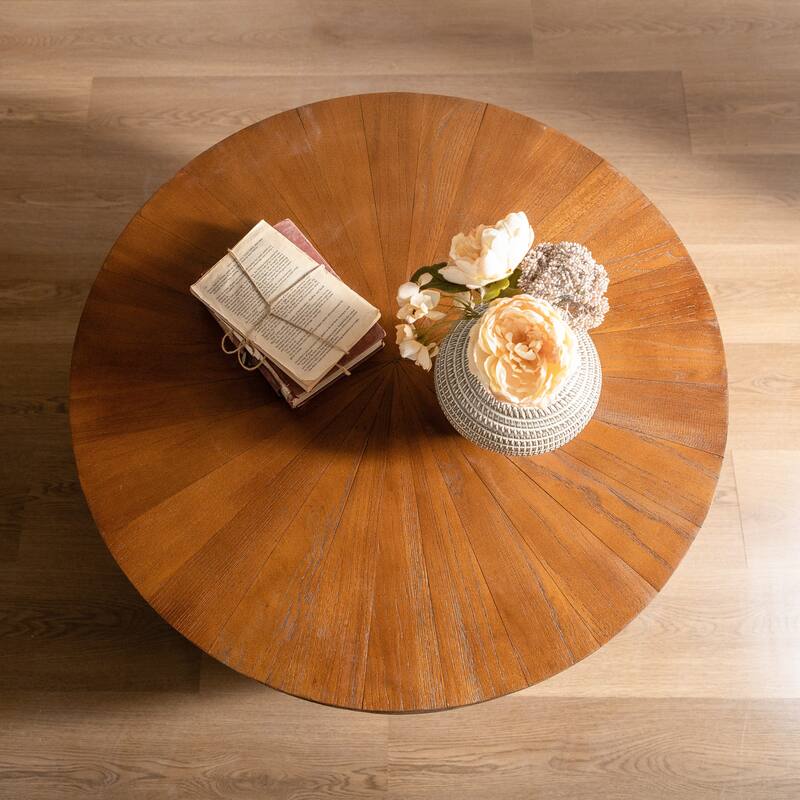 Vintage 31.50" Bucket Shaped Coffee Table with Hidden Storage, Solid Wood Center Table for Office, Living Room