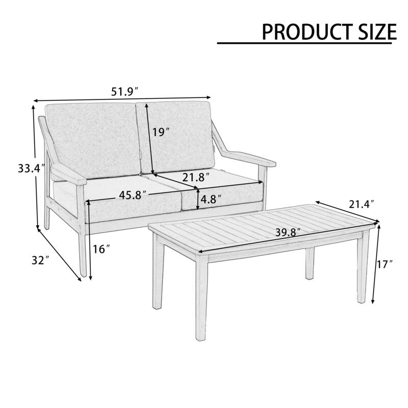 2-piece Brown/ Black Teak Cushioned Patio Loveseat Set with Coffee Table