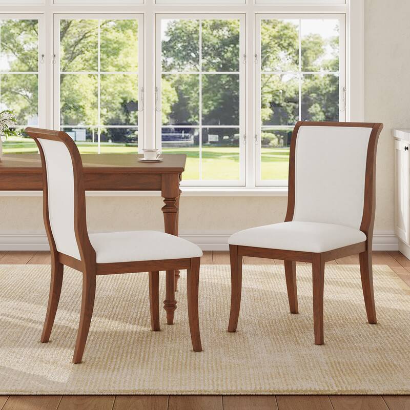 Modern Fabric Upholstered Dining Chairs with Oak Grey Finish and Hardwood Frame, for Dining Room or Kitchen, Set of 2 - White