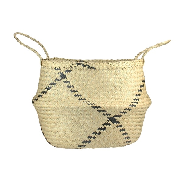 17" Beige Seagrass Belly Basket with Black Designs and Handles - N/A
