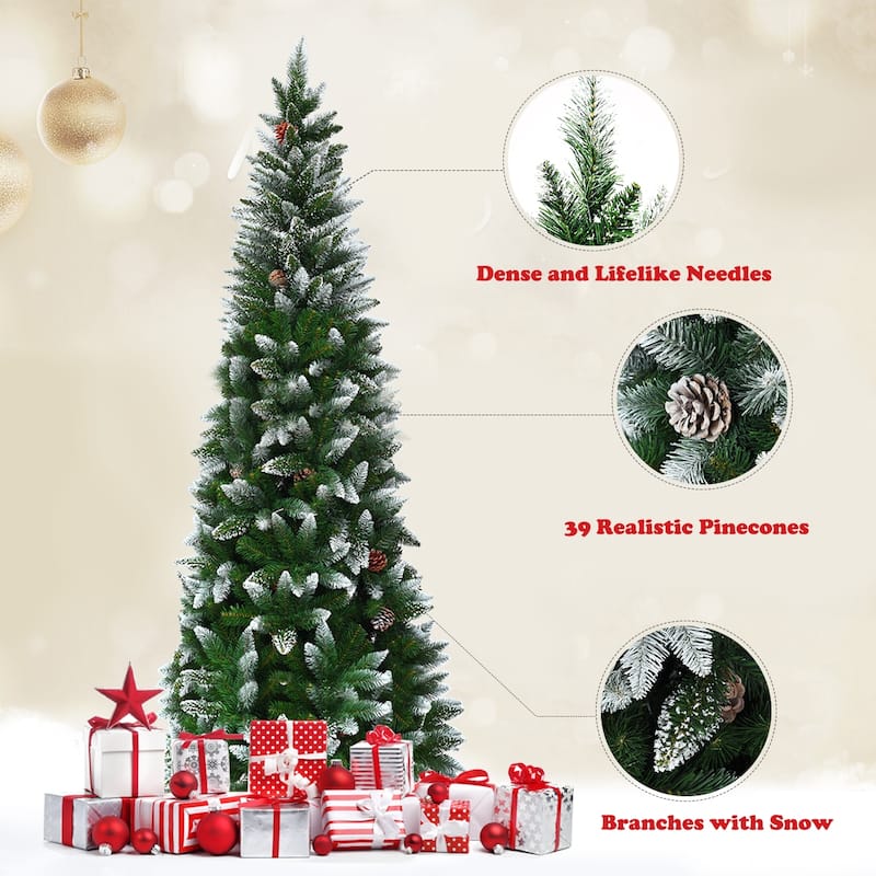 Gymax 5'/6'/7.5'Snow Flocked Pencil Christmas Tree w/ PVC Needles - See Details