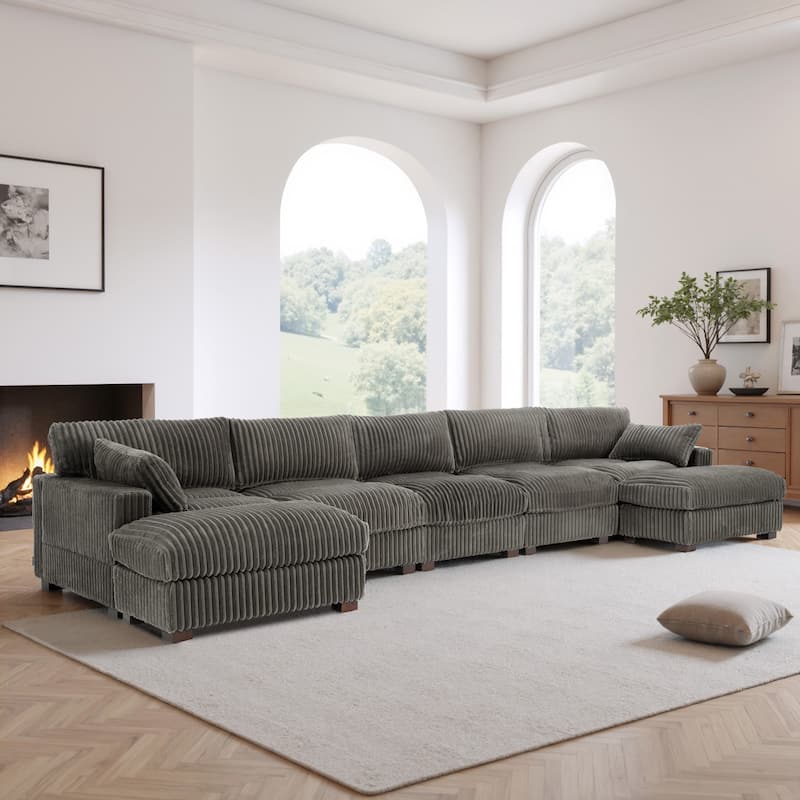 Modern Oversized Plush Corduroy Modular Sectional Sofa with 2 Ottomans - Light Grey-7 Pieces - Symmetrical