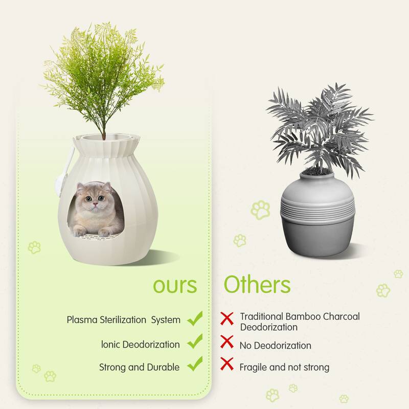 EROMMY Hidden Cat Litter Box Enclosure with Artificial Plants, Plasma Sterilization System