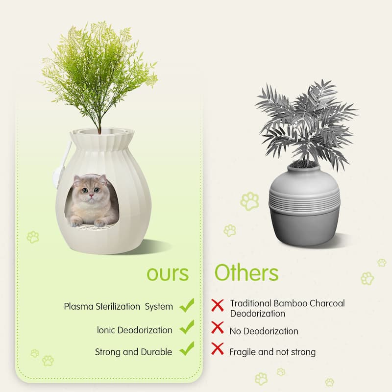 EROMMY Hidden Cat Litter Box Enclosure with Artificial Plants and Plasma Sterilization, Decorative Cat Furniture for Home