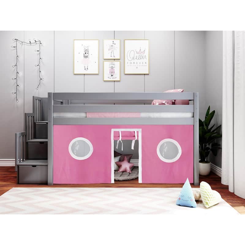 JACKPOT Contemporary Low Loft Twin Bed with 3 Step Stairway and Tent