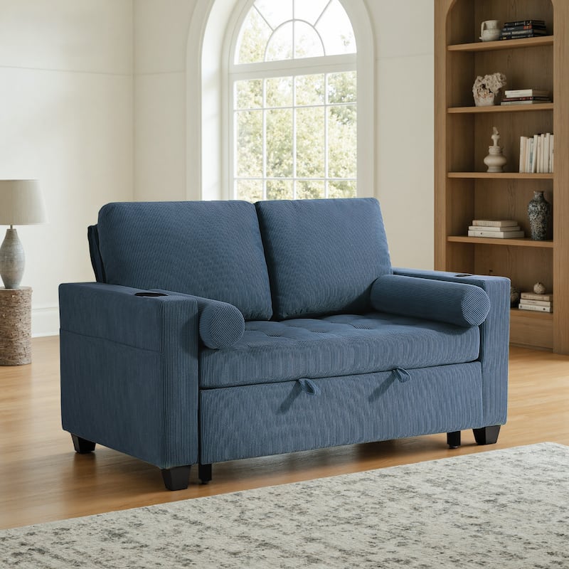 Corduroy Convertible Loveseat Sofa Bed Recliner with Cup Holder, USB Ports