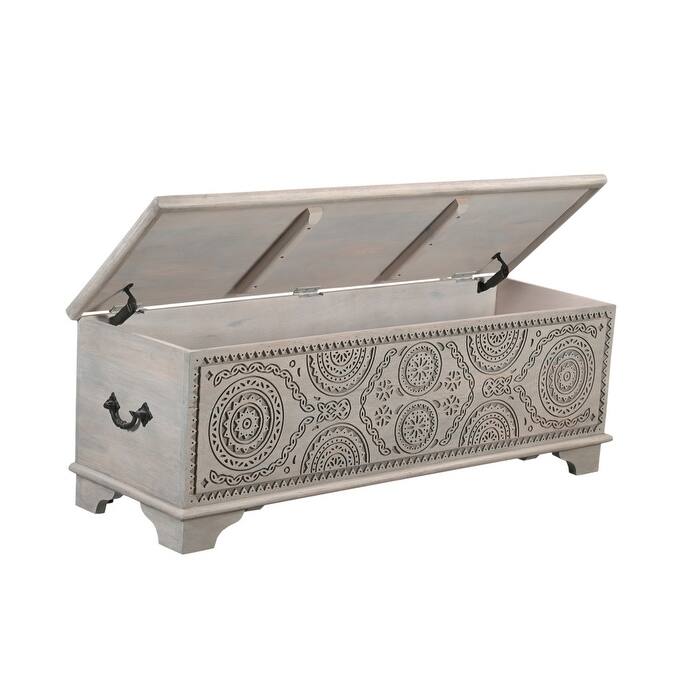 HomeRoots 54" Gray Carved Geo Scroll Solid Wood Storage Ottoman